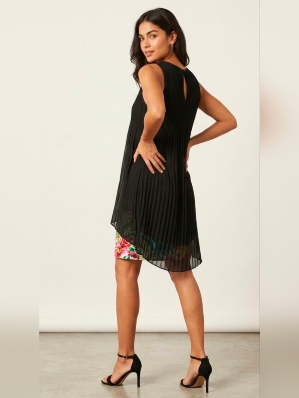 Desigual Black Pleated Sleeveless Shift Dress with Tropical Hem Size Small
